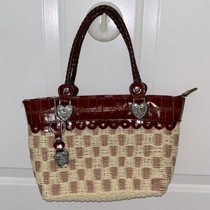 Marc Chantelle Handbag Straw Red Leather Weave Plaid Double Handled